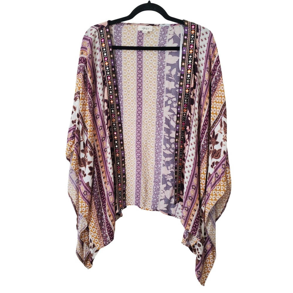 Style & Co Womens Oversized XS Purple Boho Mirror Embroidered Kimono Top